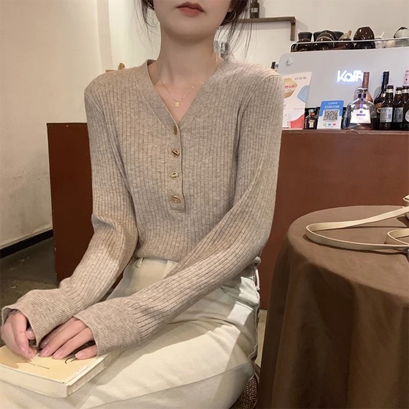 Bh Áo sweater Dài Tay Ôm Dáng Cổ Chữ v Cài Nút Phong Cách Pháp Cho Nữ