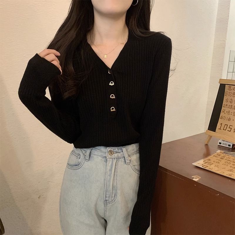 Bh Áo sweater Dài Tay Ôm Dáng Cổ Chữ v Cài Nút Phong Cách Pháp Cho Nữ