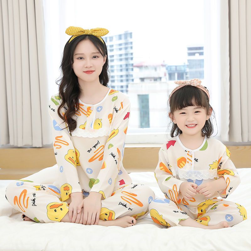 Bộ Đồ Ngủ Tay Dài Chất Liệu cotton Phối Ren Mỏng Thời Trang Mùa Hè Cho Mẹ Và Bé Kích Thước 80-175cm