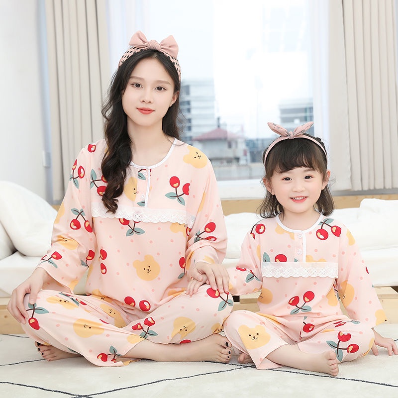 Bộ Đồ Ngủ Tay Dài Chất Liệu cotton Phối Ren Mỏng Thời Trang Mùa Hè Cho Mẹ Và Bé Kích Thước 80-175cm