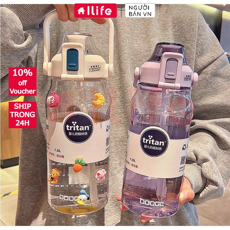 ILIFE Bình nước 2 lít có chia vạch thể thao cute có ống hút 1300ml 1700ml to trong suốt có sticker