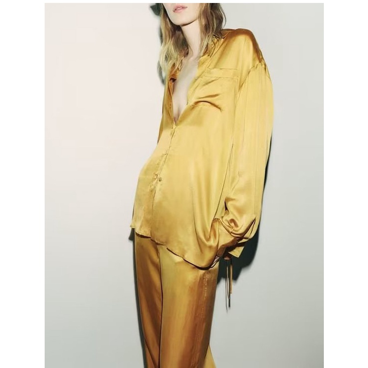 Zara Bộ Đồ Ngủ Áo Sơ Mi Vải satin + Quần Ống Loe Thời Trang Mùa Hè7858735 7859735