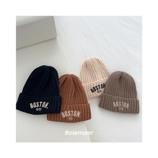 Mũ Len Dệt Kim Màu Trơn Thêu Chữ Bosston Phong Cách Hàn Quốc Đơn Giản Giữ Ấm Mùa Đông Cho Bé