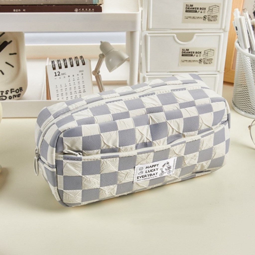 Túi đựng bút, đựng mĩ phẩm Happy Lucky kẻ caro Hộp BútVải Bông Cotton Tiệm Bút SHIORI