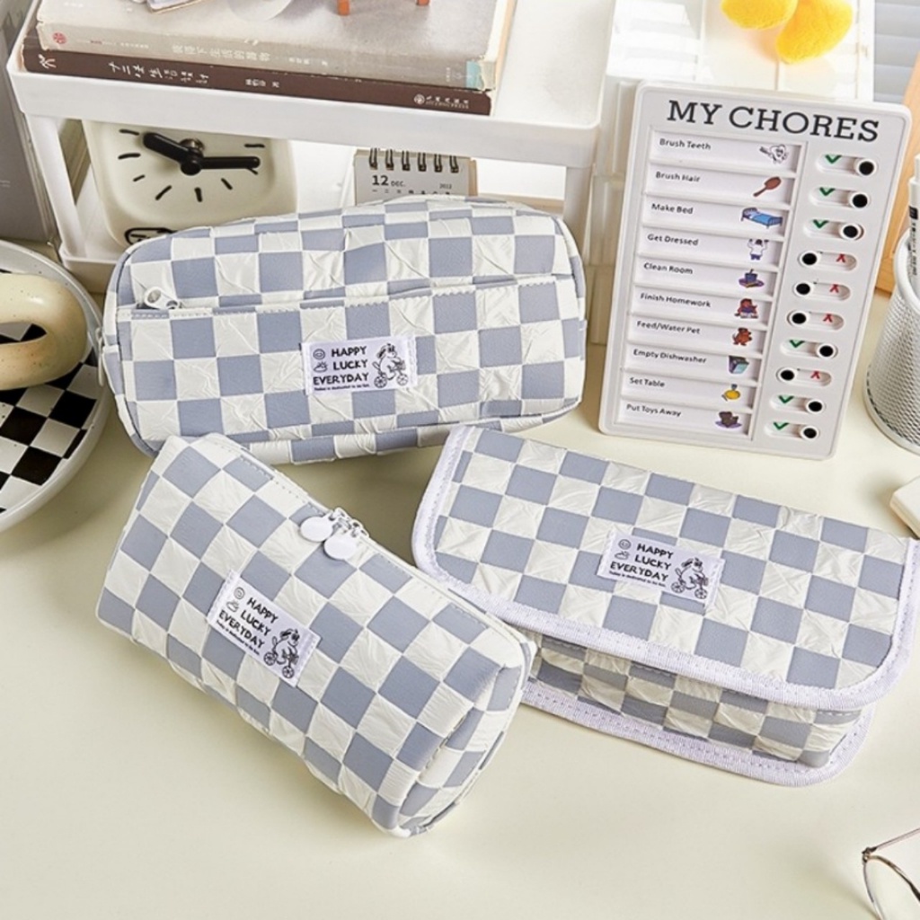 Túi đựng bút, đựng mĩ phẩm Happy Lucky kẻ caro Hộp BútVải Bông Cotton Tiệm Bút SHIORI