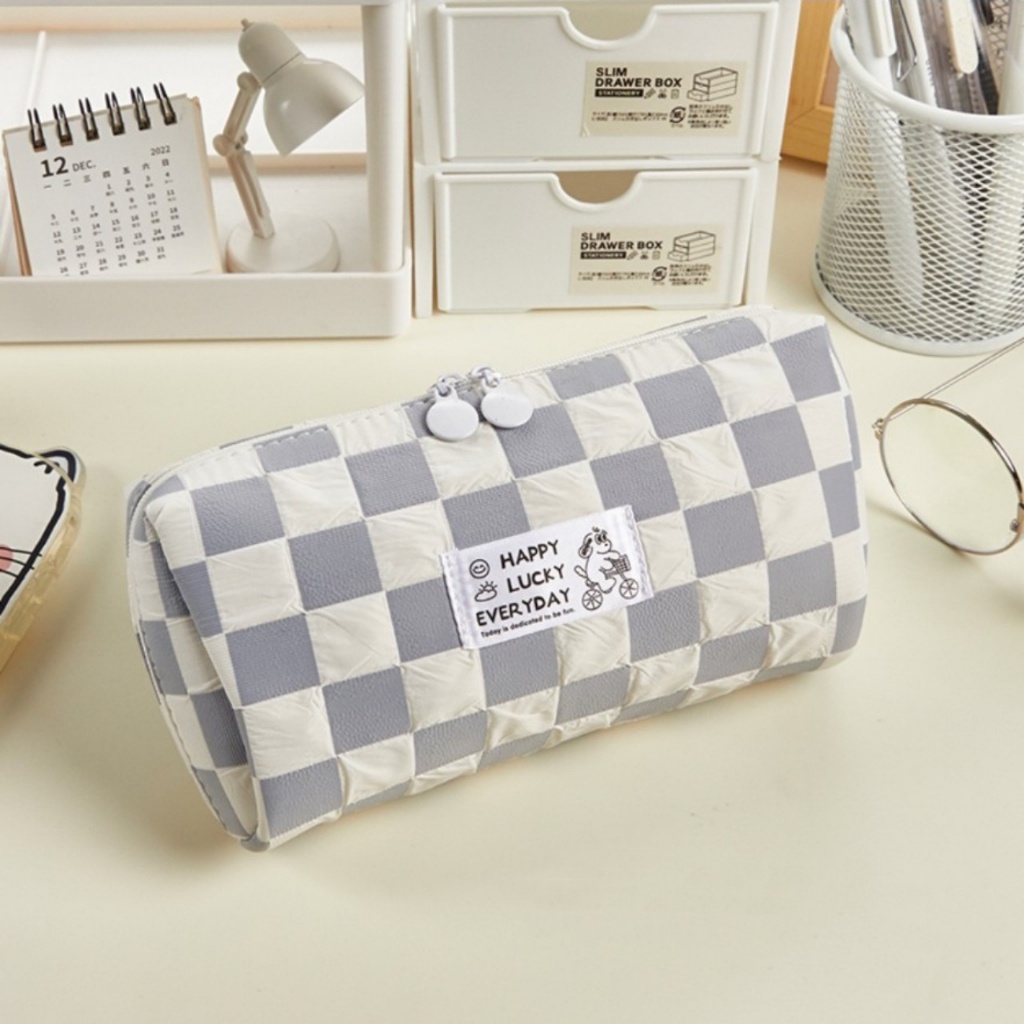 Túi đựng bút, đựng mĩ phẩm Happy Lucky kẻ caro Hộp BútVải Bông Cotton Tiệm Bút SHIORI