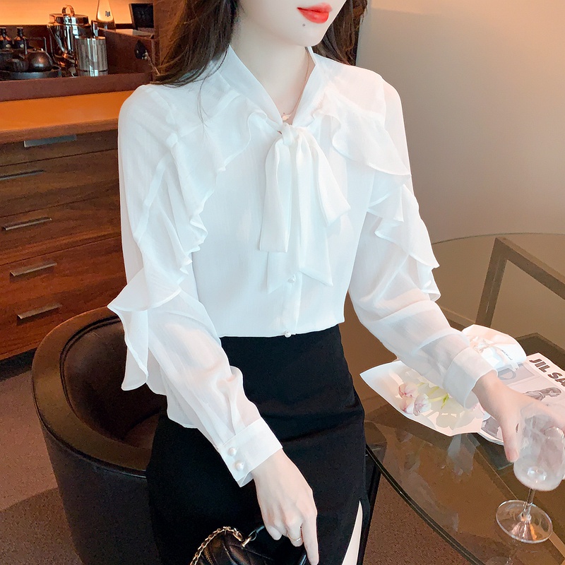 Áo Sơ Mi chiffon Tay Dài Phối Nơ Thời Trang Xuân Thu Cho Nữ