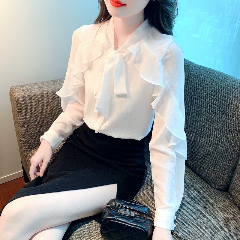 Áo Sơ Mi chiffon Tay Dài Phối Nơ Thời Trang Xuân Thu Cho Nữ