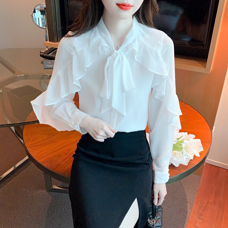 Áo Sơ Mi chiffon Tay Dài Phối Nơ Thời Trang Xuân Thu Cho Nữ