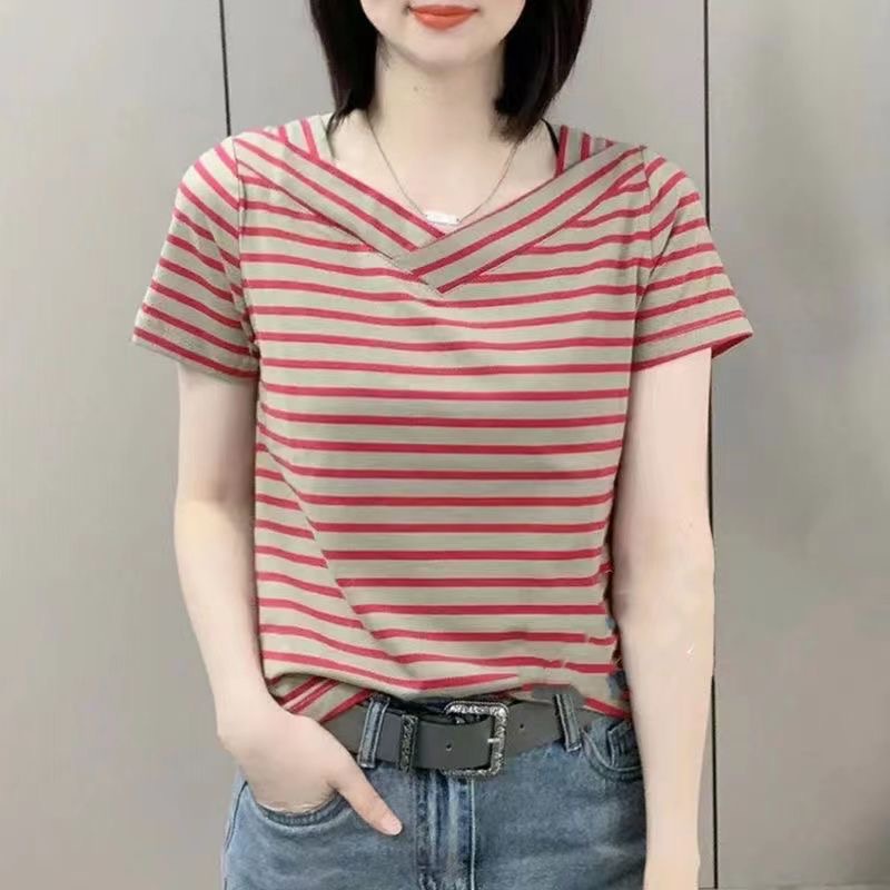 Áo Thun cotton Dáng Rộng Họa Tiết Kẻ Sọc Thời Trang Mùa Hè Phong Cách Hàn Quốc Cho Nữ