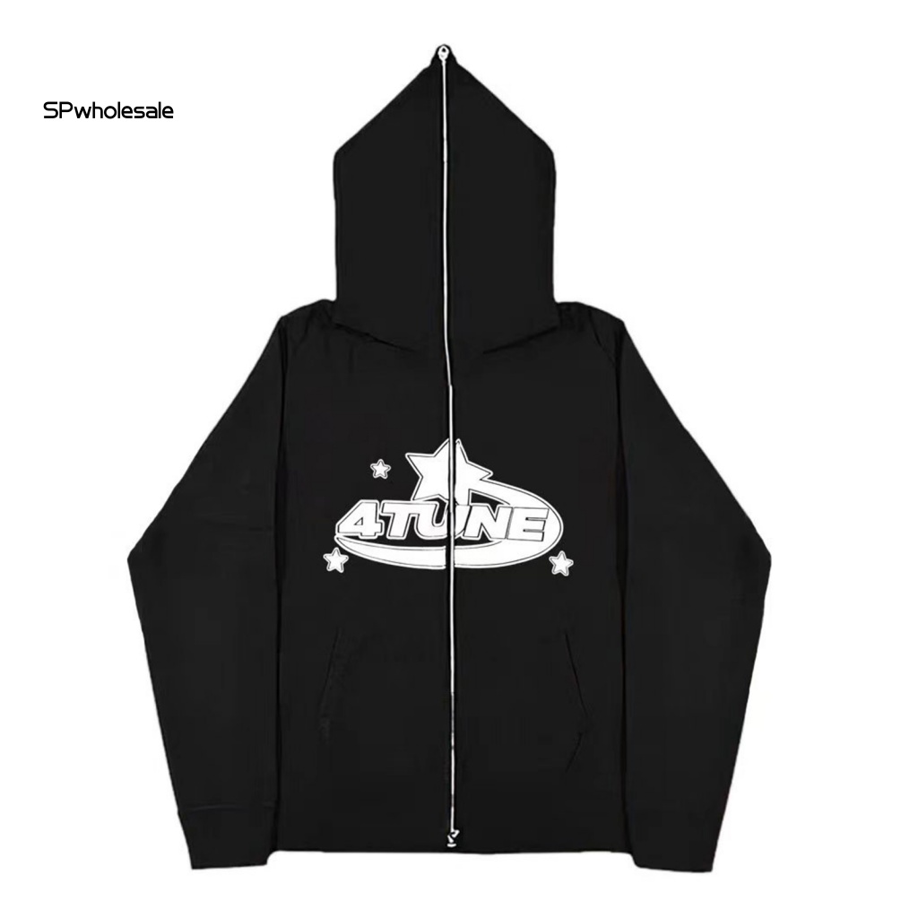 Thai| Áo Khoác cardigan Có Mũ Trùm Ngoại Cỡ Màu Tối In Chữ Phối Khóa Kéo Và Gần Mùa Xuân Và Mùa Thu Hoàn Hảo
