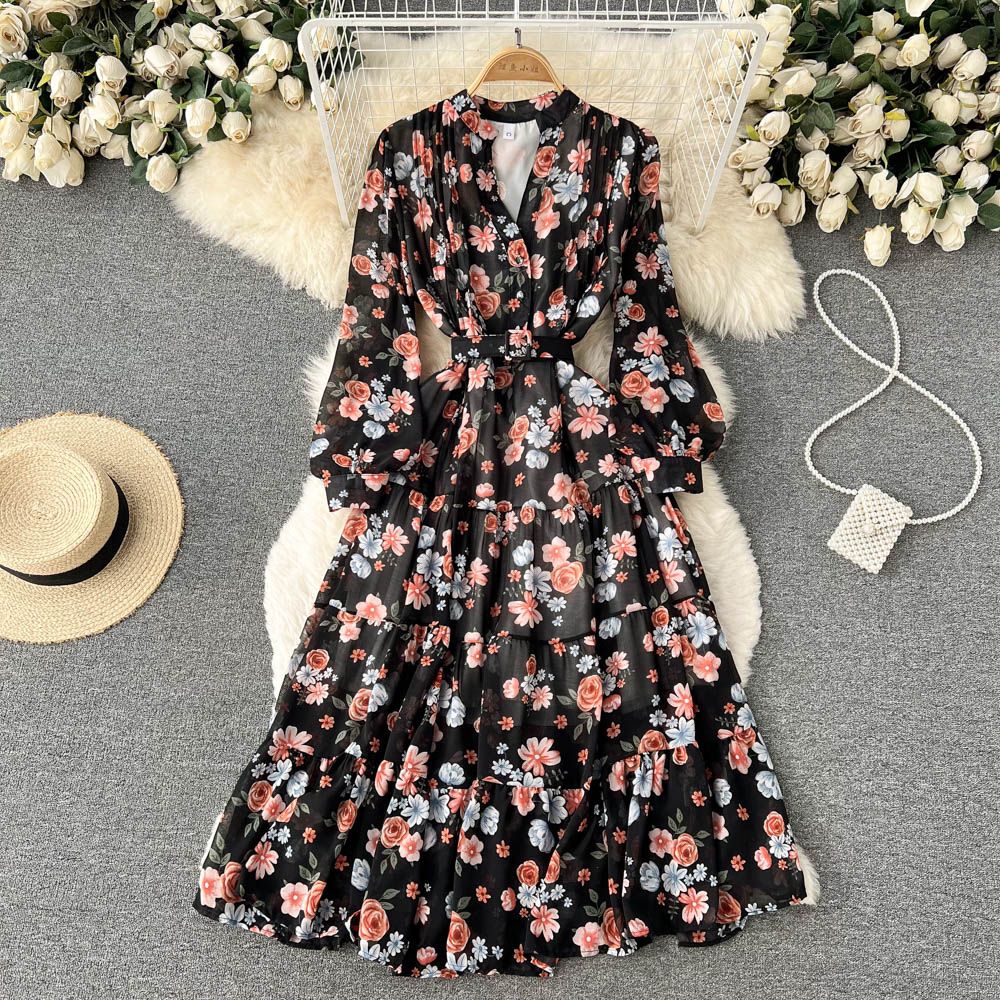 Thời Trang Đầm chiffon Dài Tay Cổ Chữ v In Họa Tiết Hoa Phong Cách mori Ngọt Ngào Cho Nữ