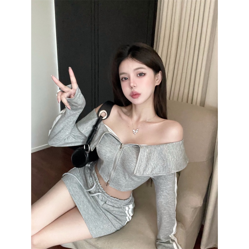 Áo Khoác Trễ Vai Tay Dài Khóa Kéo + Chân Váy Ngắn Lưng Cao Phong Cách Mỹ se