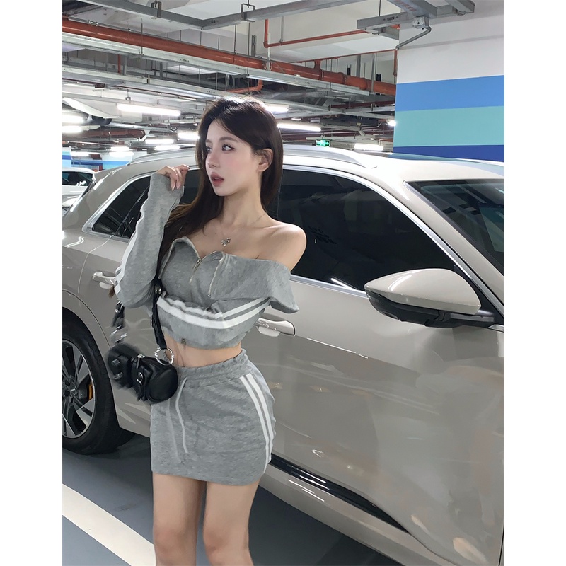 Áo Khoác Trễ Vai Tay Dài Khóa Kéo + Chân Váy Ngắn Lưng Cao Phong Cách Mỹ se
