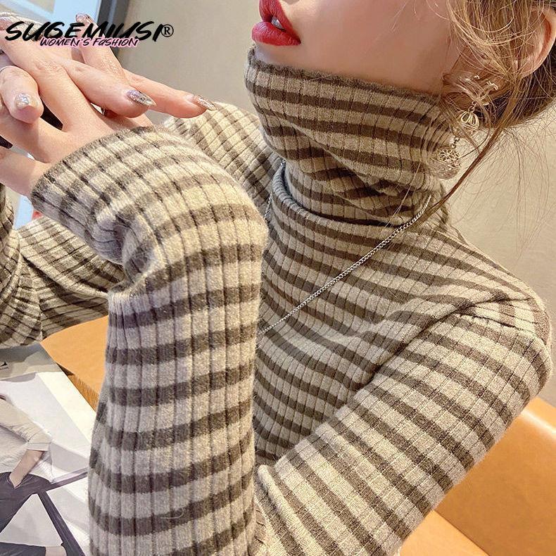 Áo Len Cổ Lọ Ôm Dáng Họa Tiết Kẻ Sọc Ngang Phong Cách Mới Thu Đông Cho Nữ