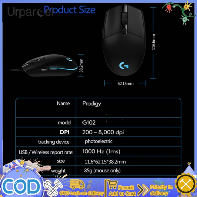 Chuột quang gaming URPARCEL Logitech G102 6 nút 200-8000DPI chuyên dụng cho Windows 7