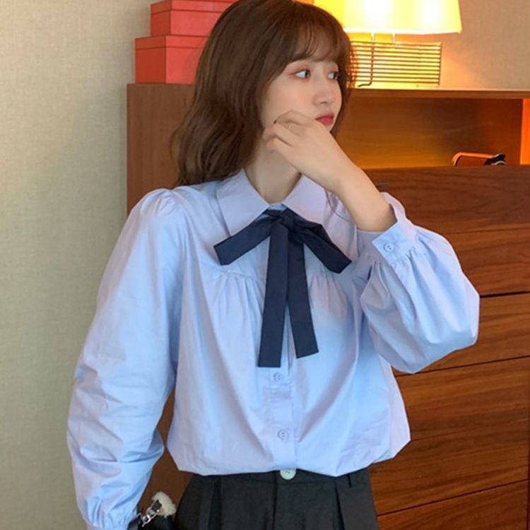 Áo Sơ Mi Tay Dài Phồng Dáng Rộng Màu Xanh Dương Ngọt Ngào Dành Cho Học Sinh Nữ