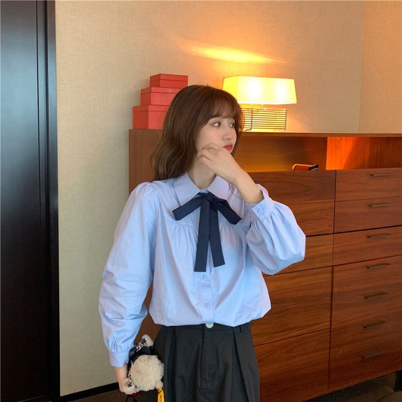 Áo Sơ Mi Tay Dài Phồng Dáng Rộng Màu Xanh Dương Ngọt Ngào Dành Cho Học Sinh Nữ