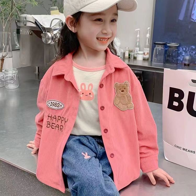 Áo khoác 90-140cm Xuân Thu Áo khoác phong cách mới Ve áo khoác vải nhung cho bé gái Thời trang phong cách Hàn Quốc dài tay mặc ngoài hợp thời trang Thu đông