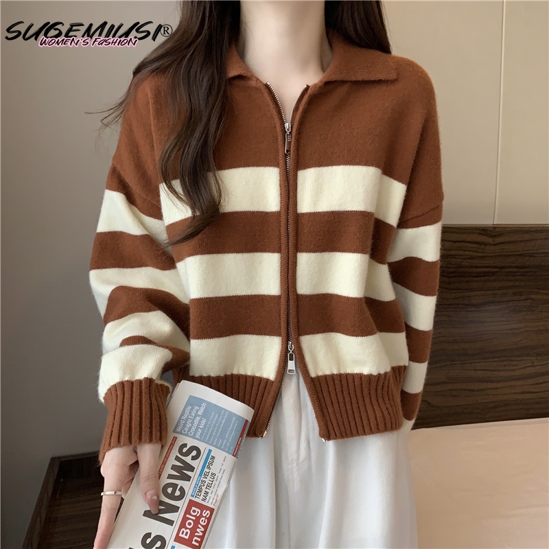 Sugemiusi Áo sweater Dệt Kim Tay Dài Cổ polo Có Khóa Kéo Phối Màu Tương Phản Thời Trang Thu Đông Mới Cho Nữ