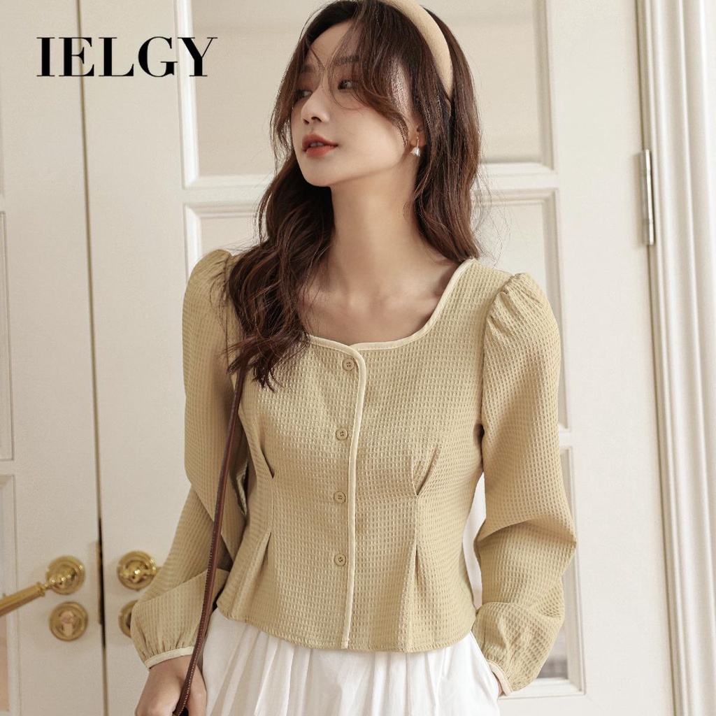 IELGY Áo Sơ Mi Tay Dài Cổ Vuông Phối Màu Tương Phản Dáng Rộng Phong Cách Hàn Quốc Thời Trang Cho Nữ