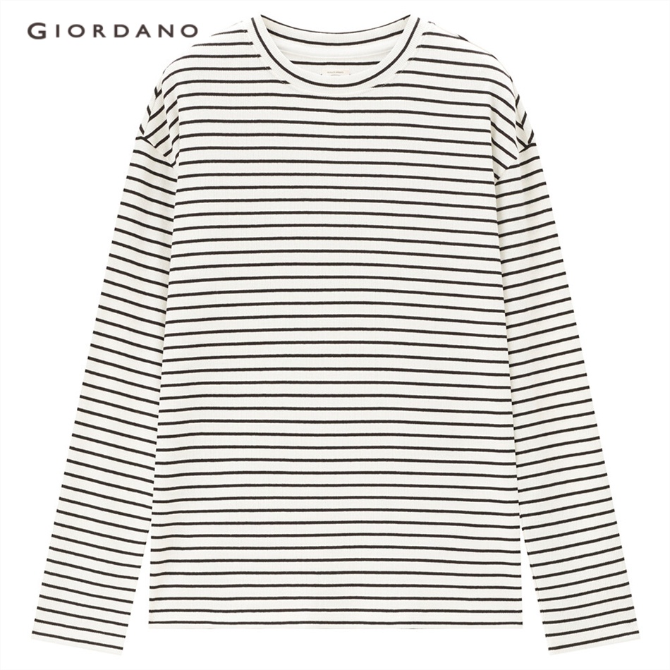 Áo thun GIORDANO 05323796 tay dài cổ tròn họa tiết sọc thời trang dành cho nữ