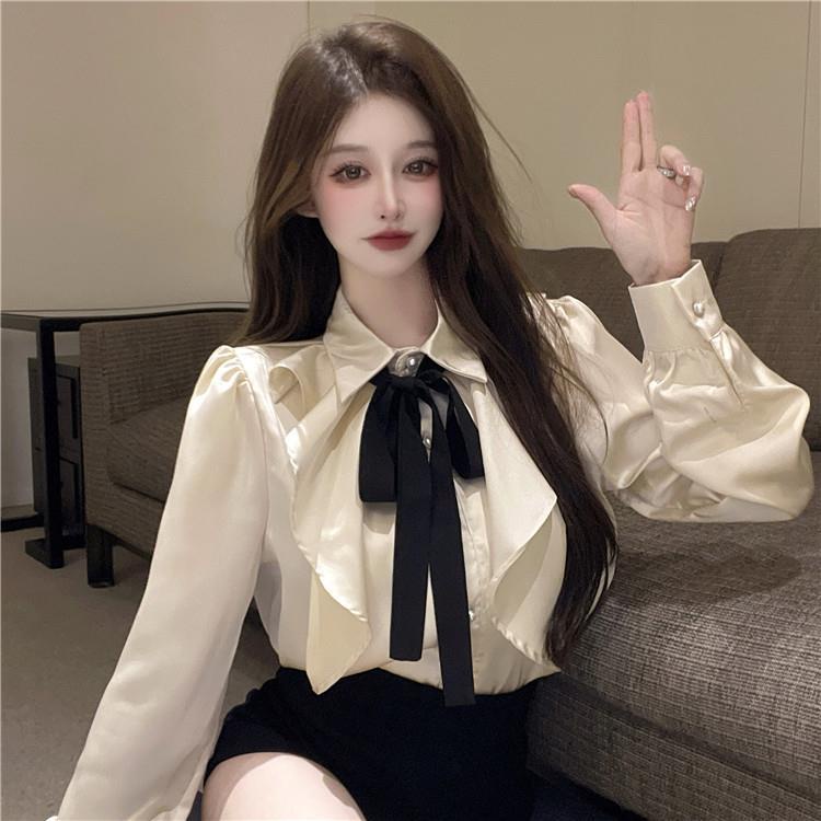 Plus Áo Sơ Mi Công Sở Dài Tay Phối Nơ Xinh Xắn Theo Phong Cách Thu Đông Dành Cho Nữ