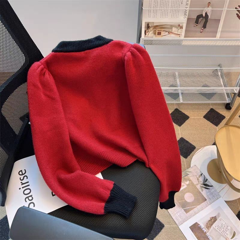 Áo Khoác cardigan Dệt Kim Dáng Ngắn Phối Màu Tương Phản Thời Trang Thu Đông Cho Nữ