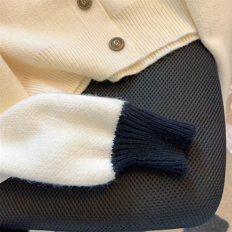 Áo Khoác cardigan Dệt Kim Dáng Ngắn Phối Màu Tương Phản Thời Trang Thu Đông Cho Nữ