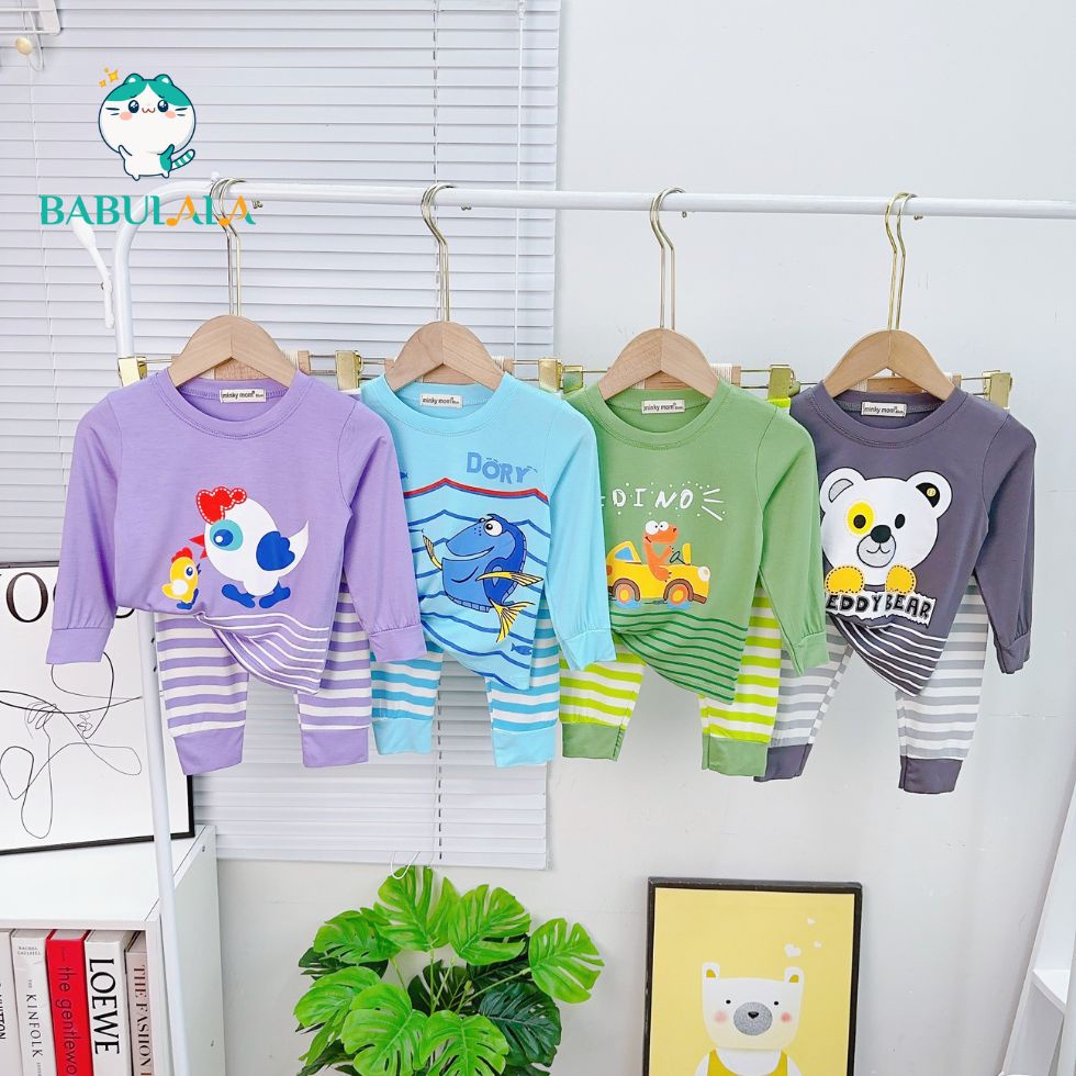 Đồ Bộ Dài Tay Thun Lanh Minky Mom Chính Hãng Quần Sọc Dệt Xịn Áo Hoạ Tiết Cá Gấu Gà Cho Bé 8-20kg - Babulala