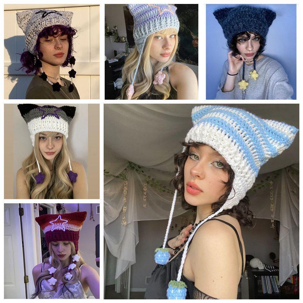 Mũ beanie Trùm Tai Mèo Họa Tiết Kẻ Sọc Đính Quả Bông Nhiều Màu Dễ Thương y2k