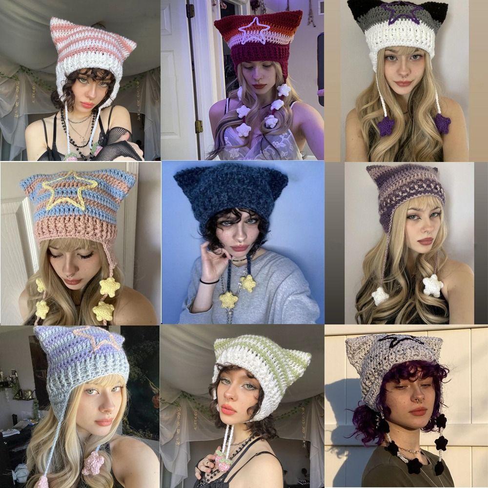 Muvako Mũ beanie Dệt Kim Tai Mèo y2k Đính Bóng Lông Nhiều Màu Ấm Áp Mùa Xuân Hè