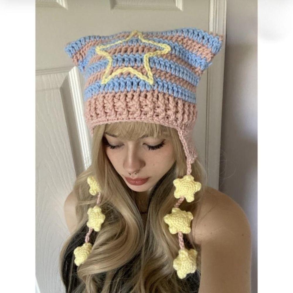 Mũ beanie Trùm Tai Mèo Họa Tiết Kẻ Sọc Đính Quả Bông Nhiều Màu Dễ Thương y2k