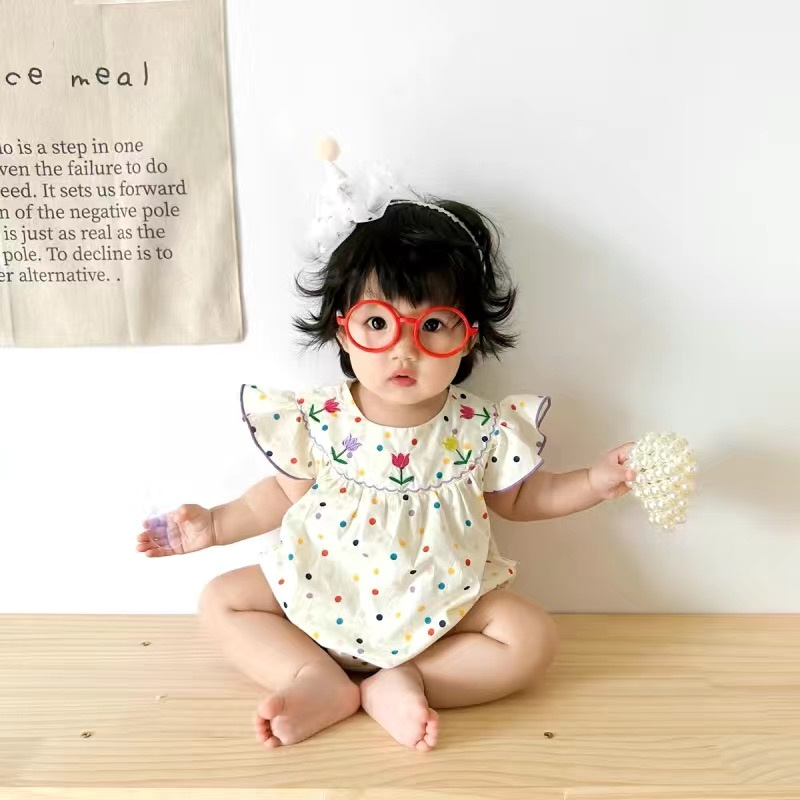 Bộ Áo Liền Quần Bằng cotton Tay Ngắn In Hoa Chấm Bi Thời Trang Mùa Hè Cho Bé Gái 0-2 Tuổi