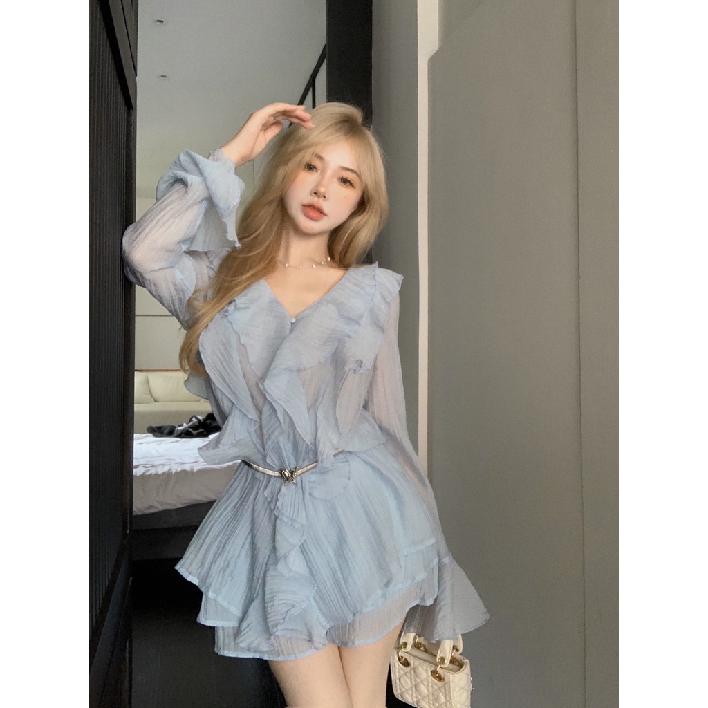 「Nonfatgirl」Bộ Áo Tay Dài Nhún Bèo + Quần Short Lưng Cao Thời Trang Mùa Thu Cho Nữ
