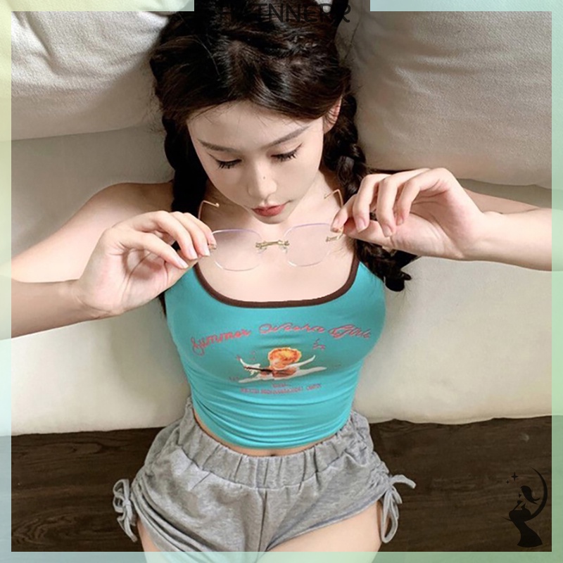 Áo Hai Dây In Họa Tiết retro Mùa Hè Có Đệm Ngực Cho Nữ fhs
