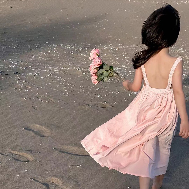 Đầm Công Chúa Mùa Hè Hai Dây Màu Trơn Phong Cách Hàn Quốc Cho Bé Gái
