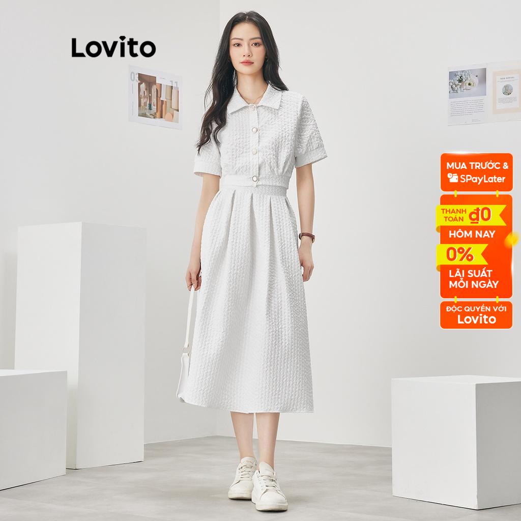 Set đồ Lovito với chân váy màu trơn có nơ phía trước phối túi và áo có cổ cho nữ L52AD110 (Áo/ Chân váy)