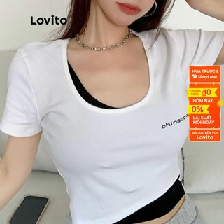 Áo Thun Crop Top Lovito In Chữ Phong Cách Thể Thao 2 Trong 1 L06026 (Màu Trắng)