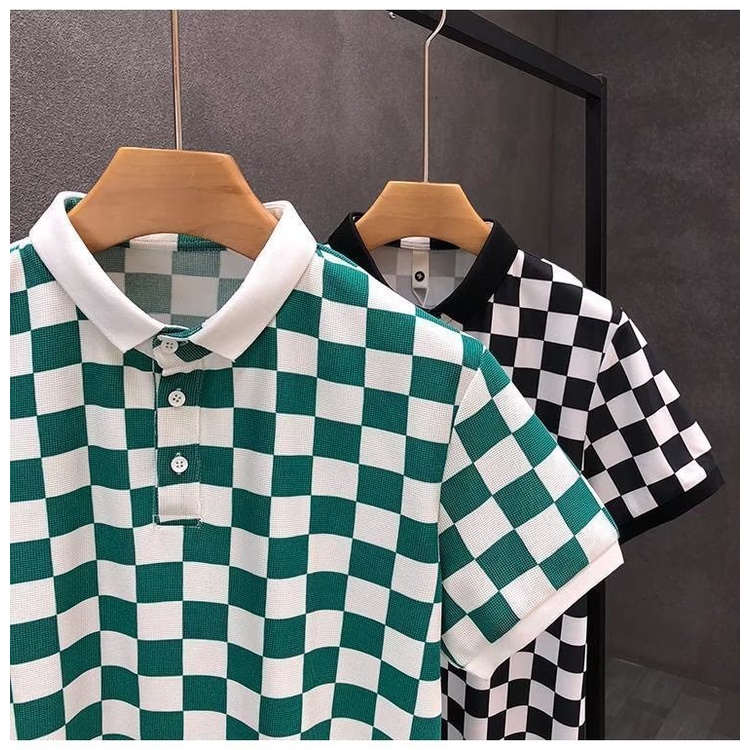 Áo Thun polo Họa Tiết Sọc Caro Màu Xanh Lá / Đen Phong Cách Hàn Quốc Thời Trang Cho Nam s-5xl 2023