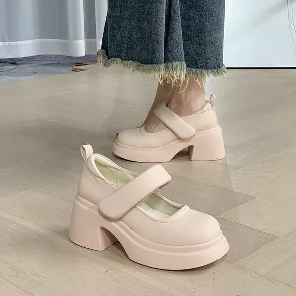 Giày Cao Gót Da Quai Dán Phong Cách Retro Mary Jane Cute