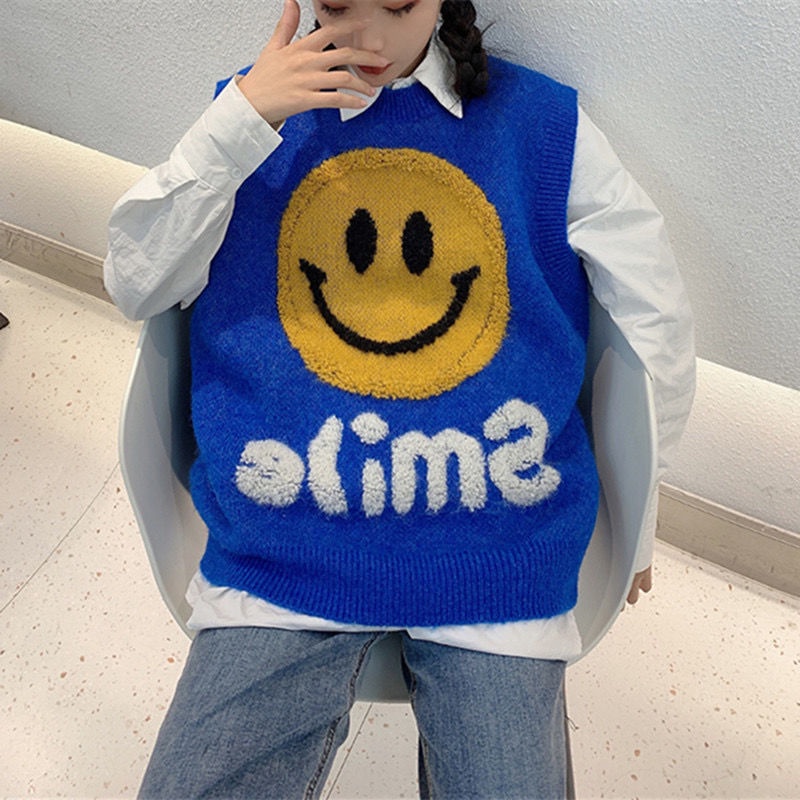 Áo Dệt Kim Sát Nách In Hình Mặt Cười Kiểu Hàn Quốc Dễ Thương