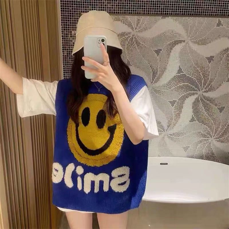 Áo Dệt Kim Sát Nách In Hình Mặt Cười Kiểu Hàn Quốc Dễ Thương