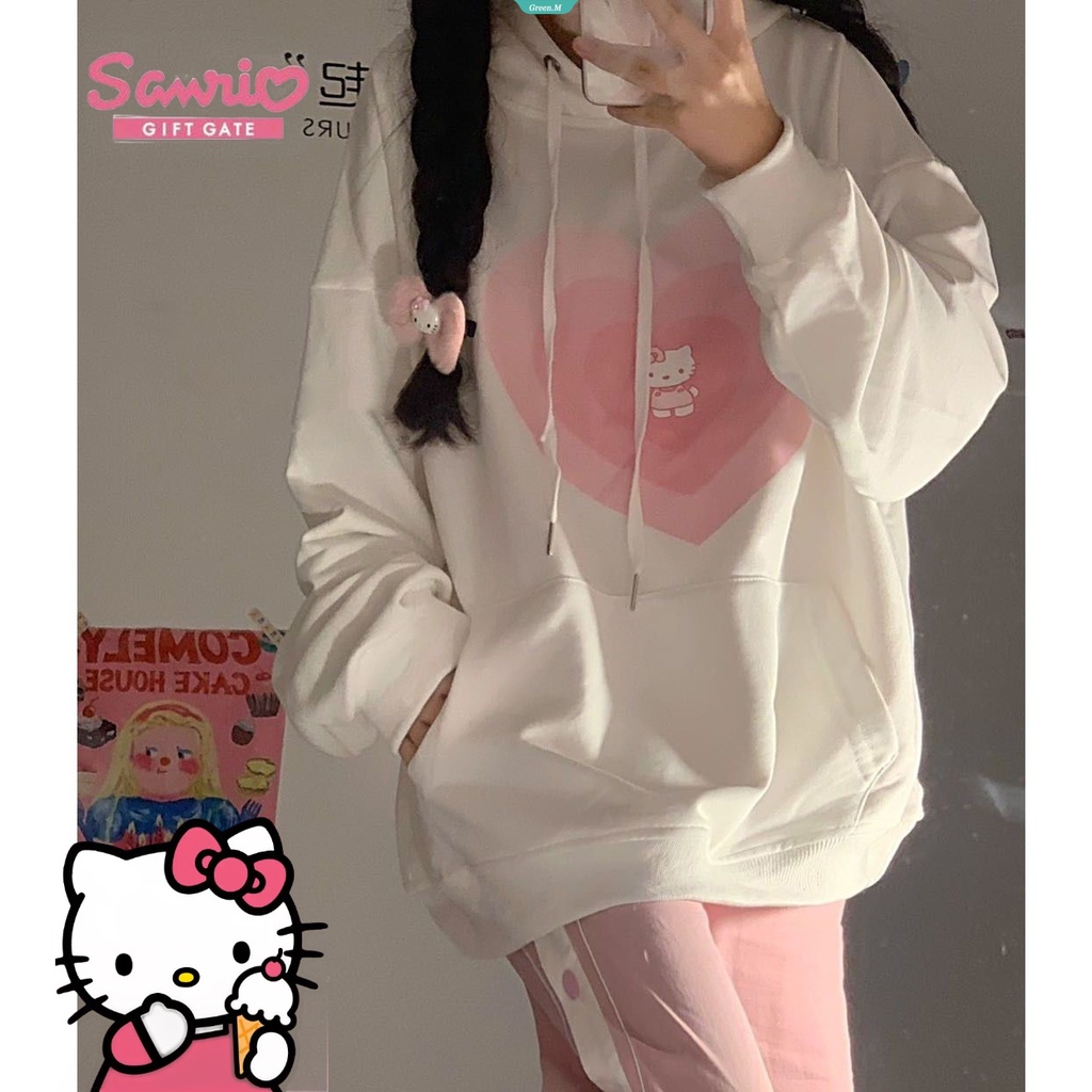 Áo Khoác Hoodie Dáng Rộng In Hình sanrio hello kitty Màu Hồng Nhật Bản Thời Trang Thu Đông Cho Nữ [gm]