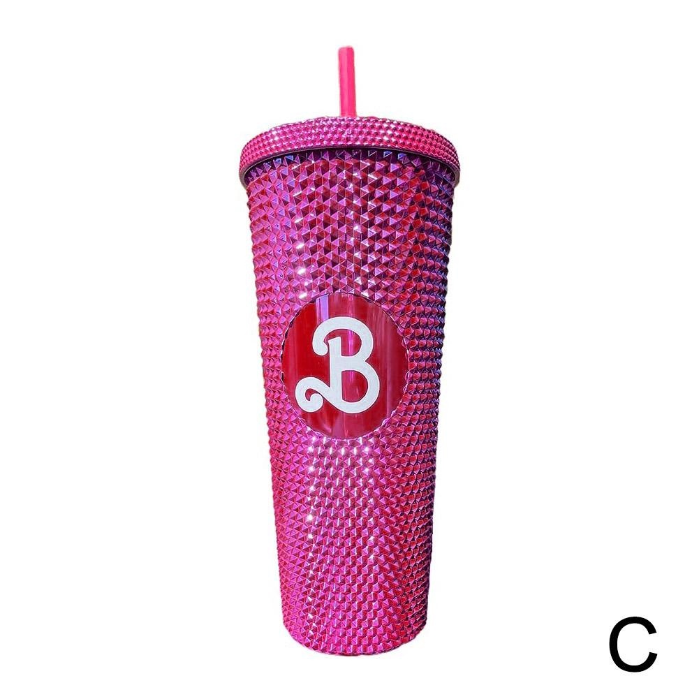 Bình Nước Màu Hồng Có Ống Hút Di Động Phong Cách Búp Bê Barbie Mới