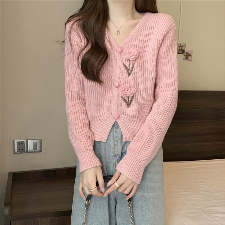 Áo len dệt kim ngắn cổ chữ V mùa thu Hàn Quốc dành cho nữ