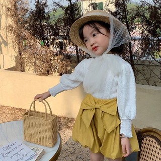 Áo thun tay dài phồng cổ đứng phối ren thời trang thu đông cho bé 65-145cm