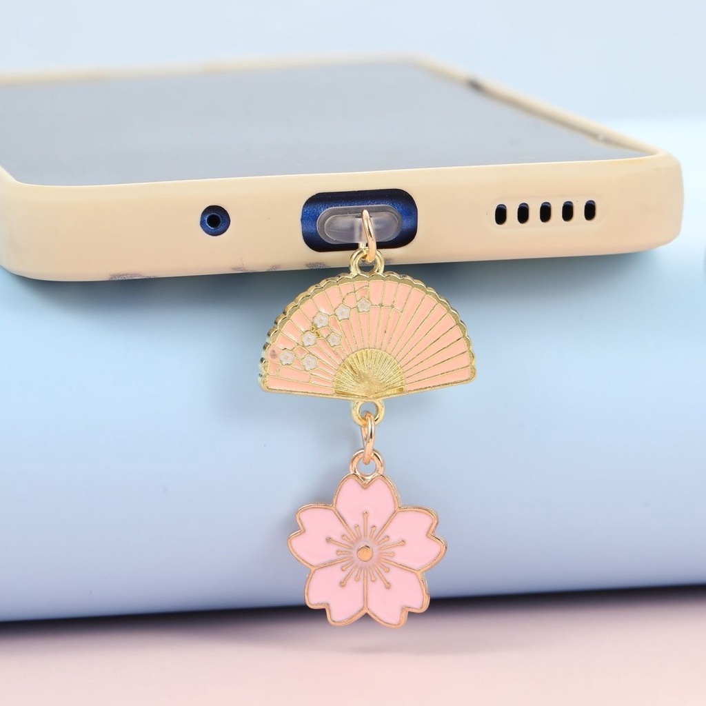 Retro fan size cherry blossom mobile phone charging port headphone hole dust plug ornaments pendant plug male and female lovers