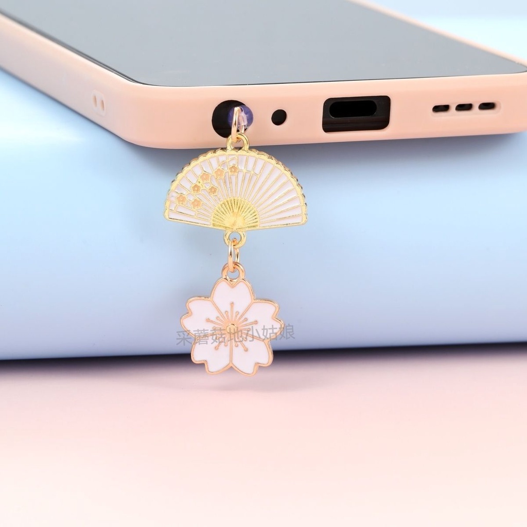 Retro fan size cherry blossom mobile phone charging port headphone hole dust plug ornaments pendant plug male and female lovers