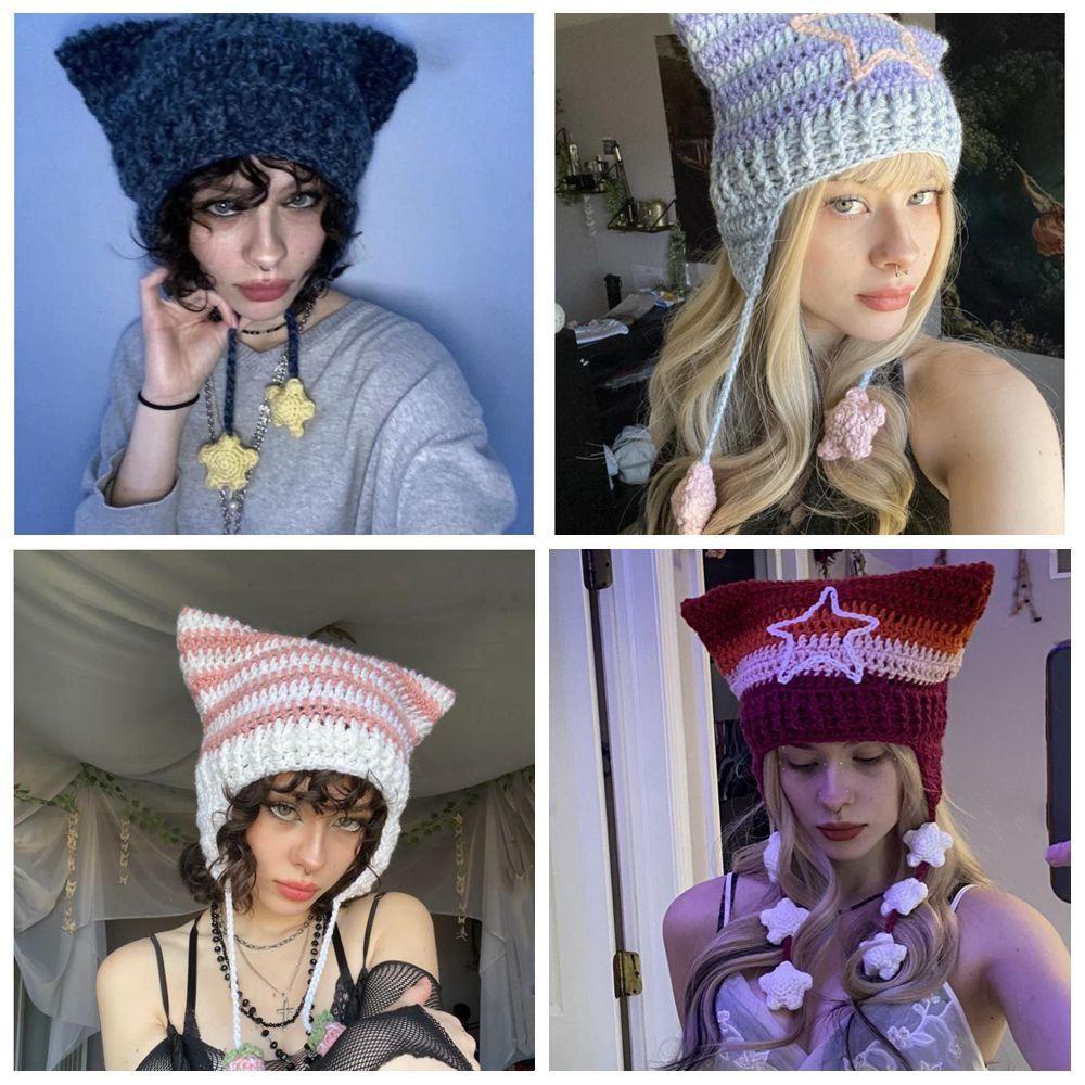 Bebetterm Mũ beanie Dệt Kim y2k Tai Mèo Nhiều Màu Ấm Áp Mùa Xuân Hè